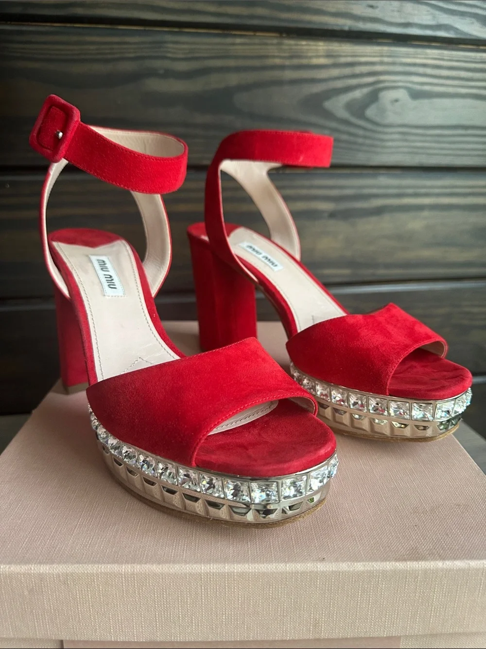Miu Miu Red Suede Crystal-Trim Platform Sandals